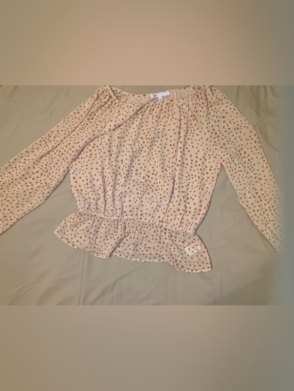 DR2 Cream Blouse with Tan Polka Dot Peplum